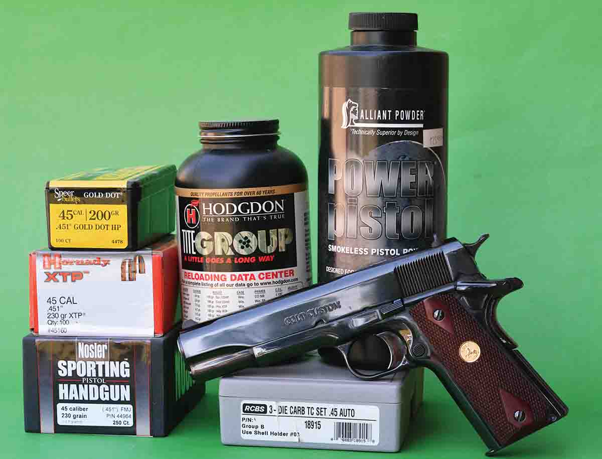 Handloads were developed for the Colt Custom Shop Government Model 1911 45 ACP that performed flawlessly.